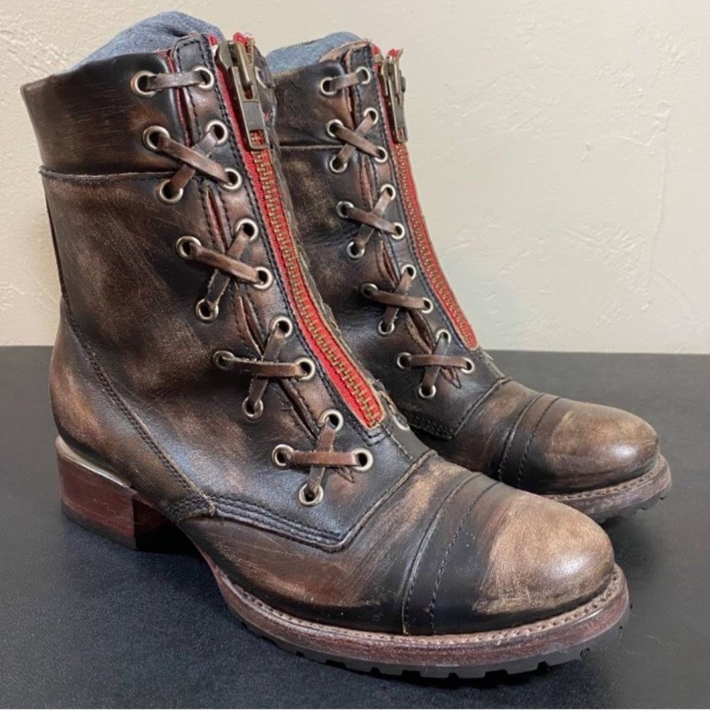 DISO Freebird Liverpool Boot Size 10 w/ RED ZIPPER Distressed Brown 🤎